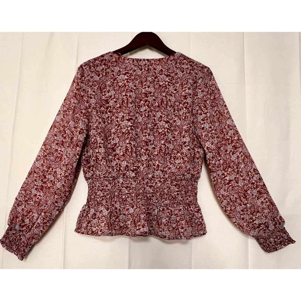 Fun & Flirt Floral Smocked Peplum Blouse XL V-Neck Long Sleeve Red & White - Picture 8 of 16